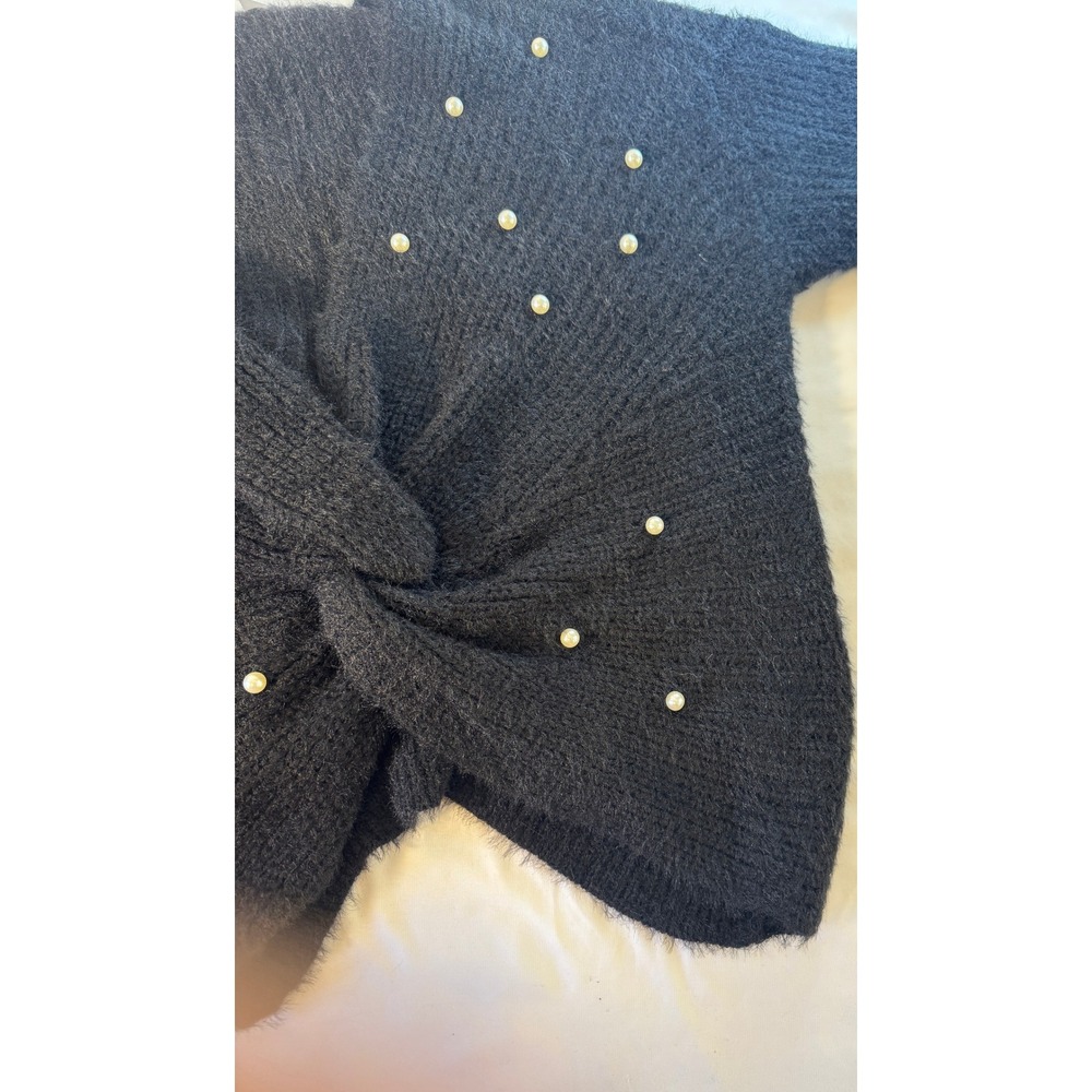 Twist Front Sweater Women Small Black Faux Pearl Embellished V-Neck - Picture 8 of 8